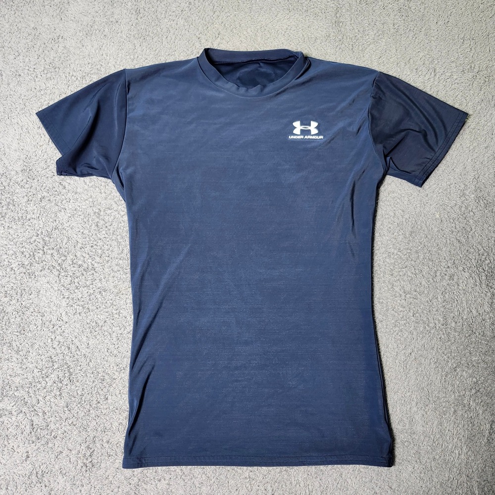 Under Armour Mens LG Compression Shirt Navy Blue HeatGear Short Sleeve Logo
